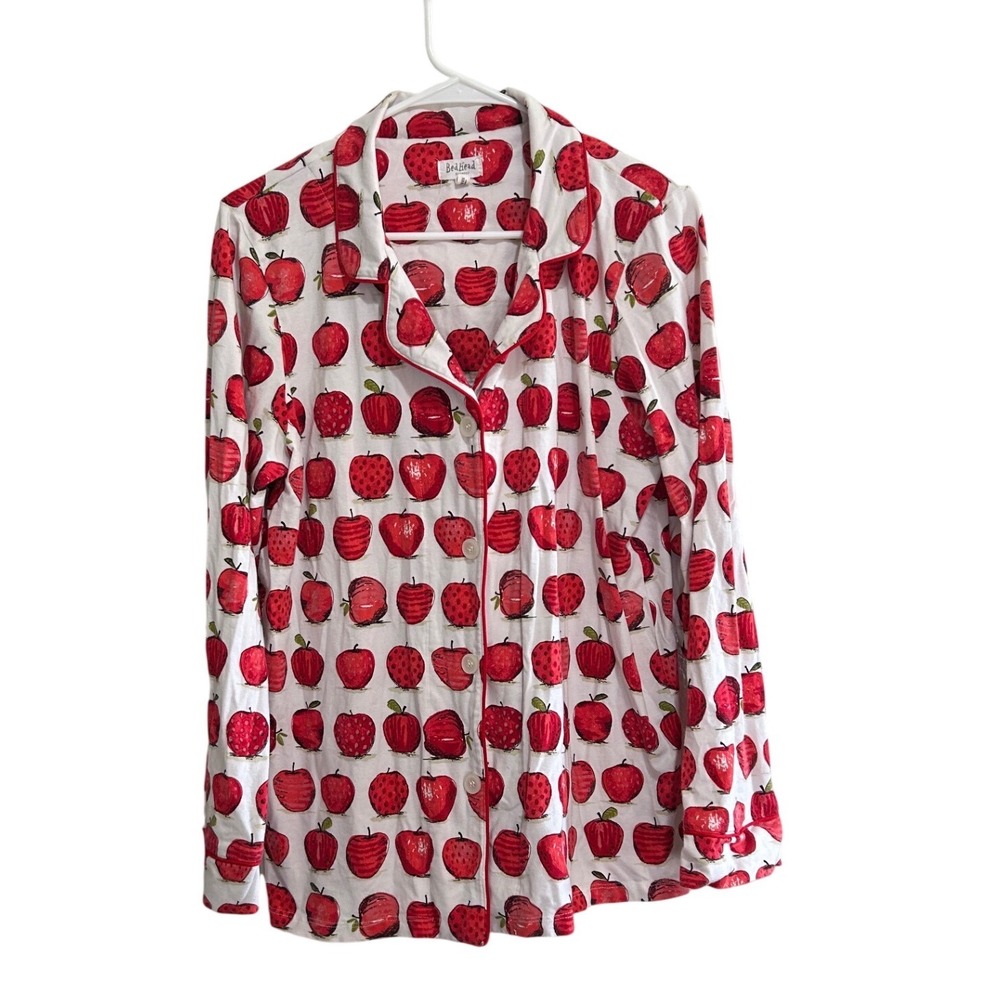 BedHead Pajamas Women's Button Up Long Sleeve‎ Top Large Apples Print Red White
